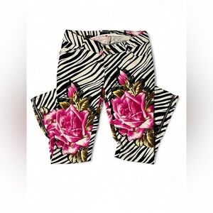 Betse Johnson zebra Stripe Floral Skinny Pants with Pink Rose Print